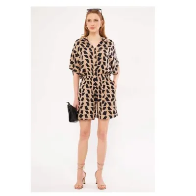 Trendyol Combinaison-Chemise avec Poches et Motifs - Manches courtes  - Marron/Noir
