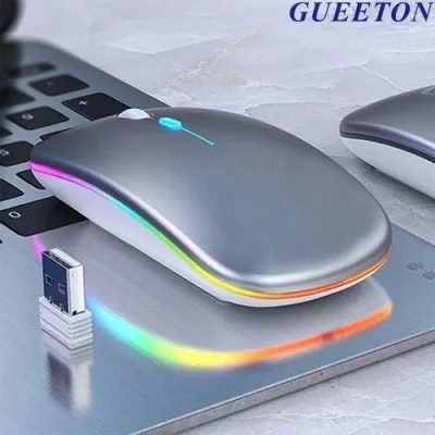 GUEETON Souris sans fil ultra-mince 2.4G Bluetooth double mode rechargeable argent